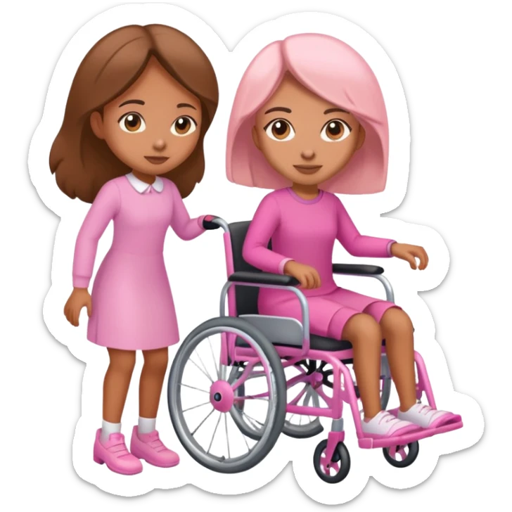 One tan skin sister pushing her light brown skin sister in a pink wheelchair sticker