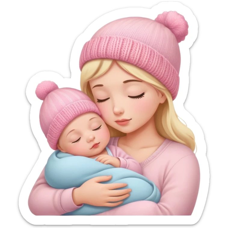 peaceful infant baby sleeping on mother's arm wearing cute pink knitted hat sticker
