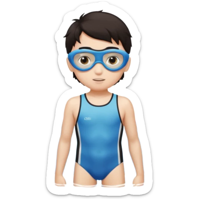 Boy with swimsuit and swim googles, white skin and very dark brown hair and very dark brown eyes sticker