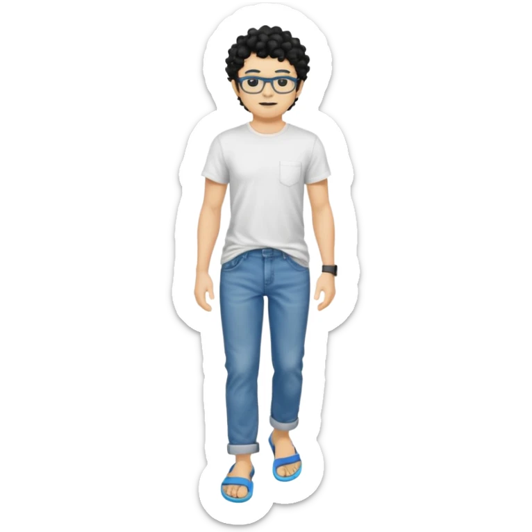 Full body, yellow skinned man with black curly hair, wearing black glasses, white t-shirt, blue jeans, long pants, and flip-flops. sticker