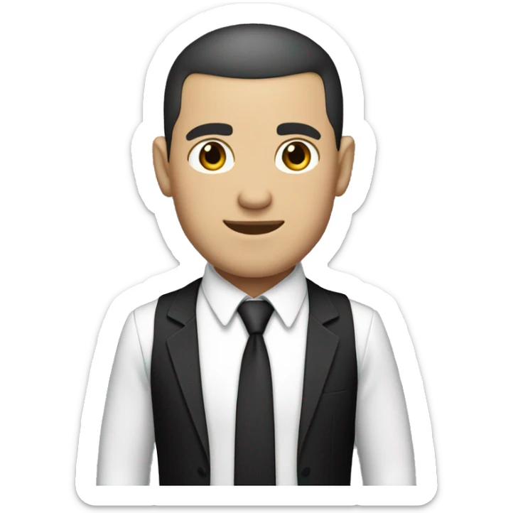 White man with dark hair buzzcut, wearing black suit and tie with white dress shirt  sticker