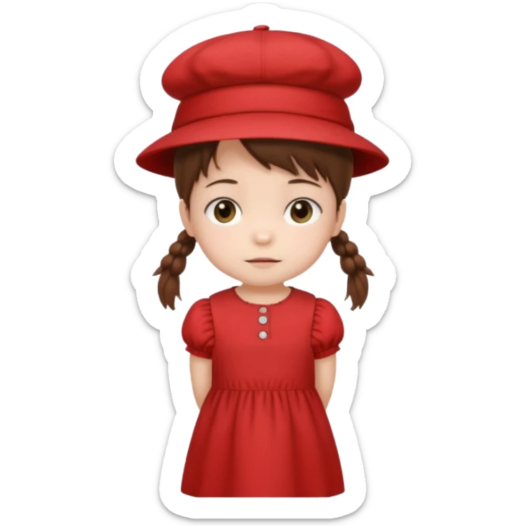 baby girl with brown hair and pigtails with a hat and red dress like My Neighbor Totoro movie sticker