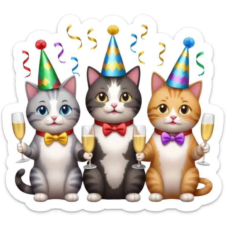 six cats at a 40th birthday party, confetti, streamers, and a big '40' sign, emoji style sticker