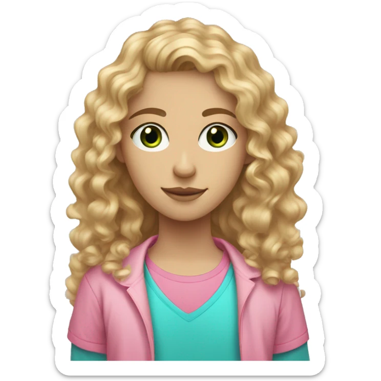 Curly teen with blond/brown hair and blue green eyes and a pink shirt medium long hair sticker