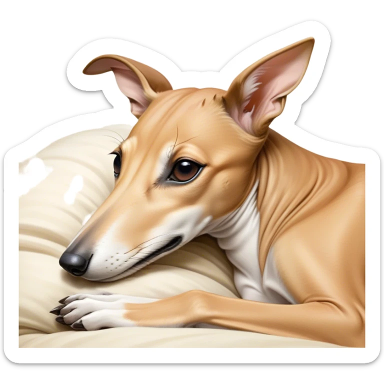 Meme-Worthy Cute Sleeping Fawn Greyhound Portrait Emoji, Head resting peacefully with a contented smile, showcasing a slender build and a luxuriously smooth fawn Fur, eyes shut in a serene nap, Simplified yet hilariously adorable features, highly detailed, glowing with a soft, drowsy light, high shine, relaxed and utterly lovable, stylized with an air of playful laziness, bright and heartwarming, soft glowing outline, capturing the essence of a comically sleepy racer, so meme-worthy it feels like it could instantly become the next viral sensation of adorable slumber! sticker