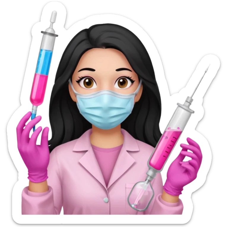 laboratorista con guantes rosa y mascarilla rosa  jeringa tubo laboratorio sin lentes  y  ojos negro cabello largo negro sticker