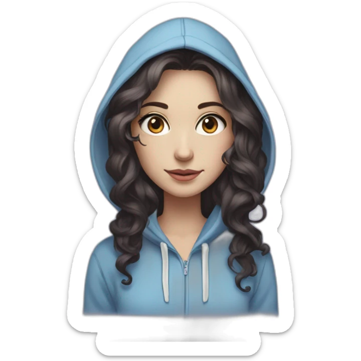 Full length girl in a purple hoodie with large light blue eyes and white skin and long curly black-brown hair with high aristocratic cheekbones sticker