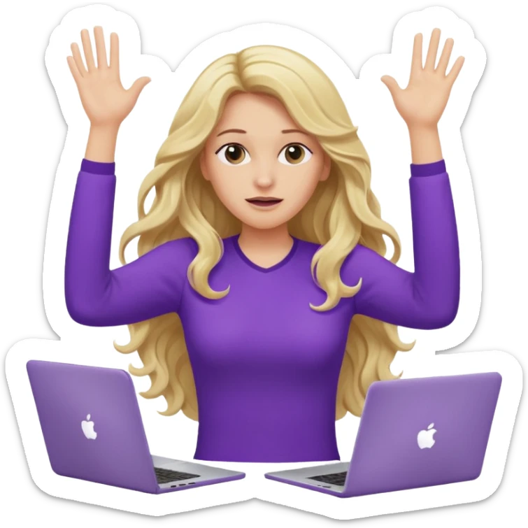 lady with long blonde wavy hair, purple top throwing her with a laptop looking exhausted sticker