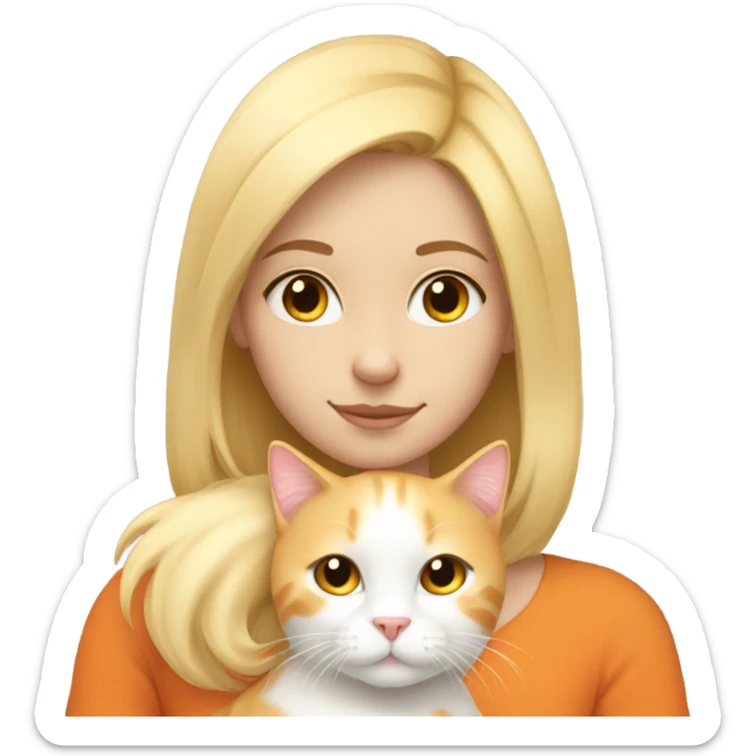 Girl with blonde hair cuddling her fluffy orange and white cat sticker