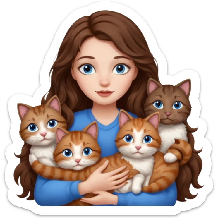 girl with long wavy brown hair, blue eyes, long lashes makeup, cuddling with 6 cats sticker