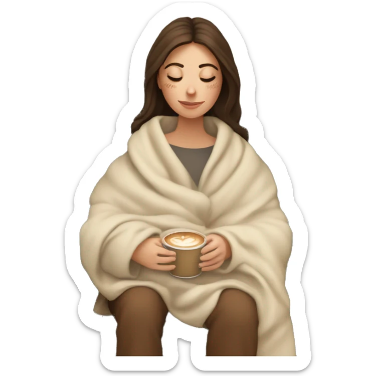 Brunette white girl covered in blanket autumn vibe sitting on a cozy chair holding coffee eyes closed sticker