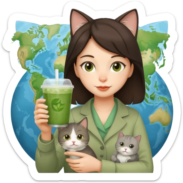 a brunette woman in here 30S drinking an iced matcha, carrying a grey cat and a map of the world sticker