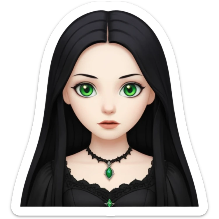 long black hair, green eyes, pale skin, a Gothic dress sticker
