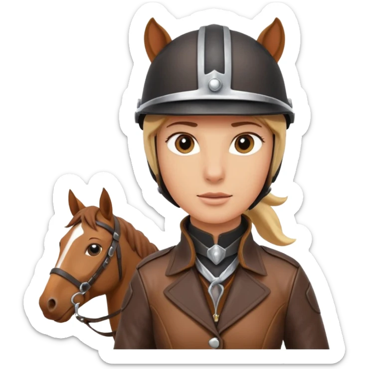 horse rider portrait, head and shoulders only, wearing riding helmet, leather jacket collar, confident expression, subtle horse tack strap visible, 3D cartoon, mobile game icon style, clean background, no text, no watermark
 sticker