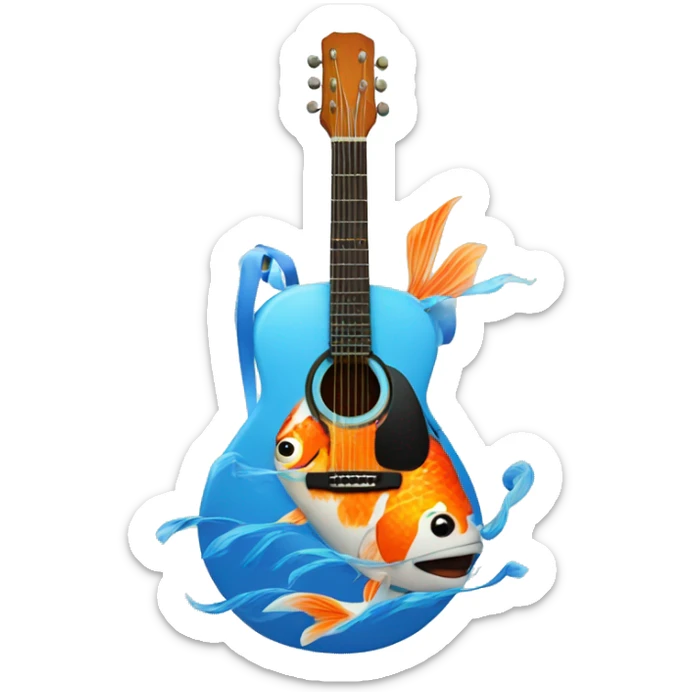 blue guitar with painted koi fish on the guitar swimming around the hole sticker