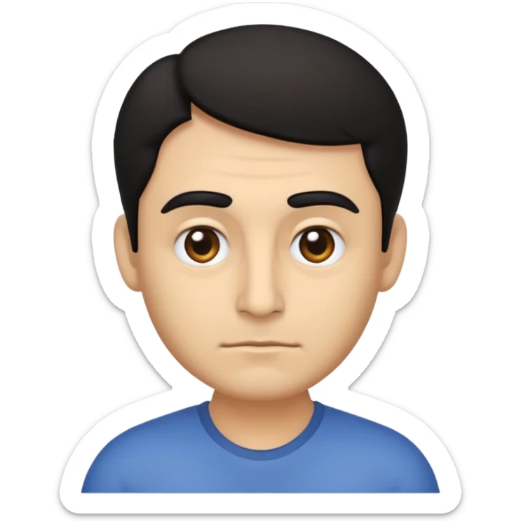 emoji a medio cuerpo hasta la cintura, hombros anchos, de un hombre, con cejas gruesas inclinadas hacia abajo, nariz medio grande, hombros anchos, sin sonrisa, hombros anchos, cabello medio ondulado con un corte juvenil, cabello negro. ojos negros. sticker