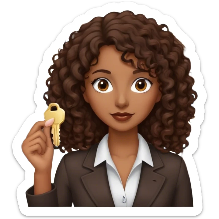 Dark brown lady with medium brown mid length curly hair in real estate job with house and keys sticker