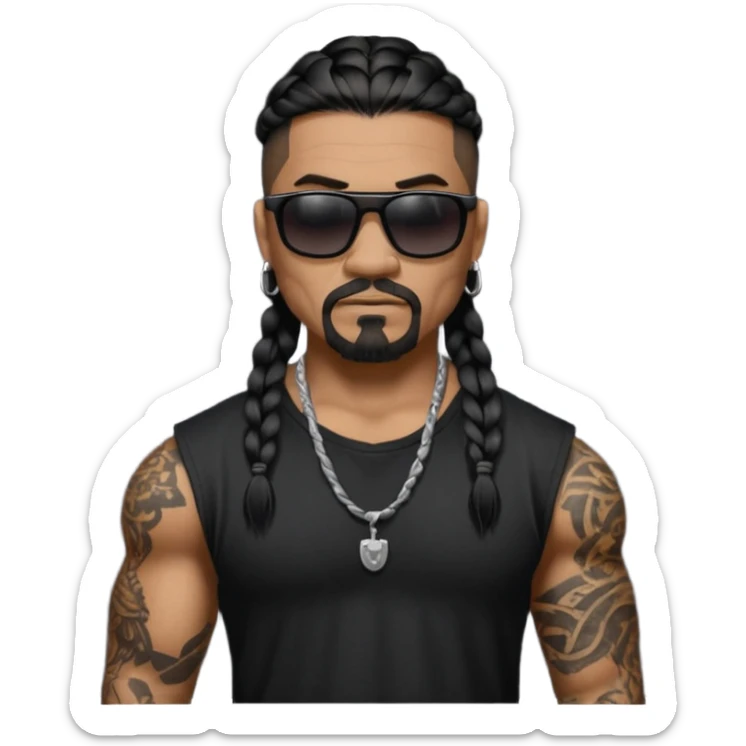 Samoan male. Classic goatee.
Untucked loose fitting black t-shirt. 
long black braided hair.
very muscular.
Even More tattoos. 
Tough and menacing.
Dark black square sunglasses. sticker