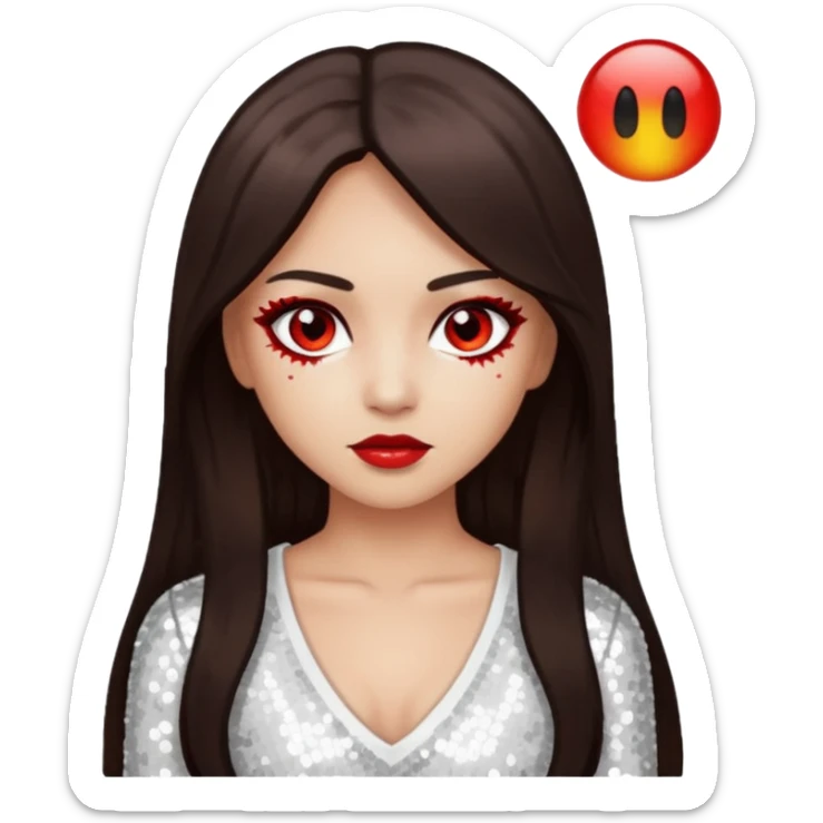 Bloody Mary with light skin, long dark brown hair, red eye, white sequin outfit sticker