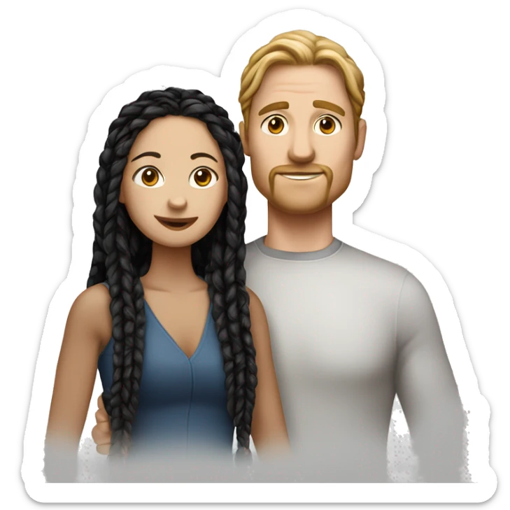 Woman and man couple, in their 40's, woman is 40 years old medium white complexion, her hair is long black twisted braids, man is white skinned white male with reddish hair that's medium length sticker