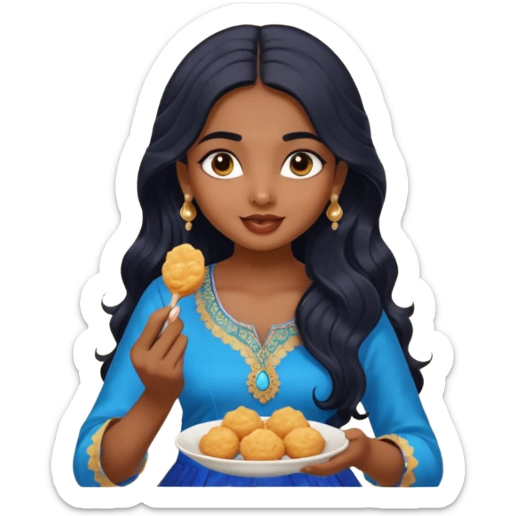 a pretty indian bratz girl with wavy long black hair. eyeliner on, wearing a blue kurti, eating golgappa (without spoon) sticker