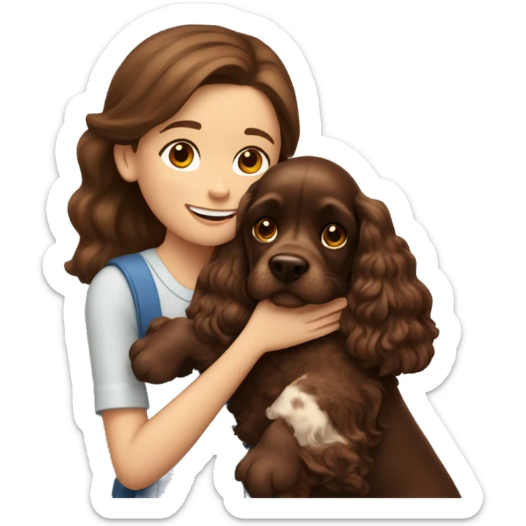 A 10-year-old girl with brown hair is hugging a chocolate cocker spaniel. sticker