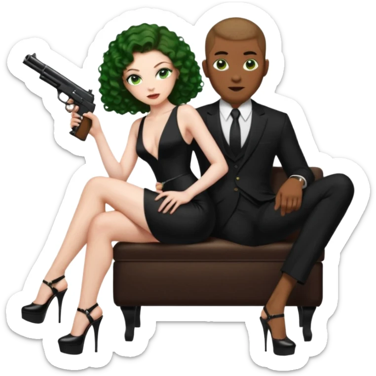 Sensual woman green eyes woman only brown long curly hair evil,with 7 inch platform stripper high heels long low cut black dress,and a gun, she is sitting on a buzz cut hair brown man's pimp lap, holdingwomans butt man is wearing a black suit sticker