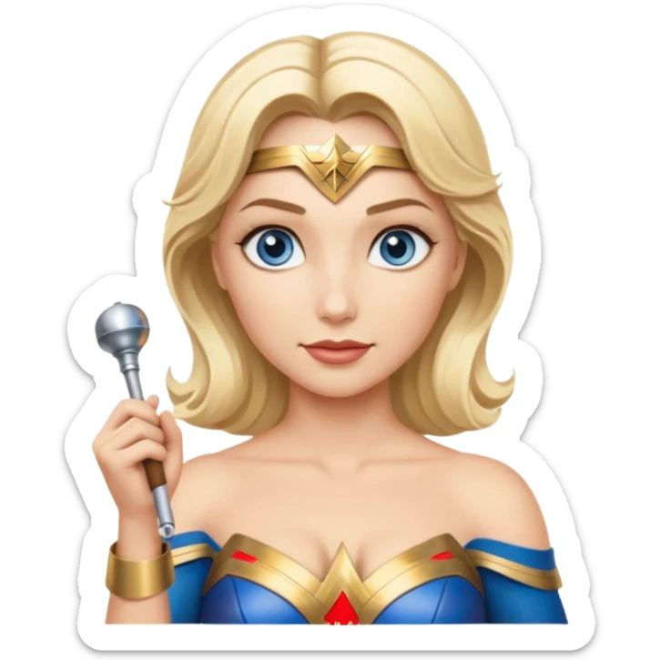 Blonde blue eyed Wonder Woman holding white orchestra conductor’s baton and bell sticker
