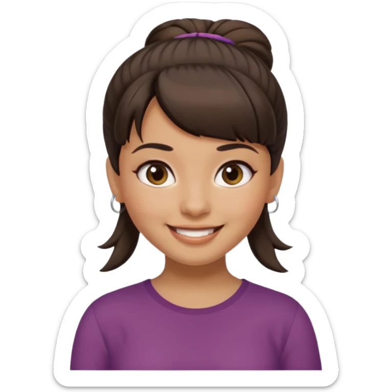 In Apple Memoji format, a girl with dark brown hair. She has bangs and her hair is in a singular high bun. The girl is arab and has light brown skin. She is wearing a brown shirt. She is smiling but is not showing her teeth.  sticker