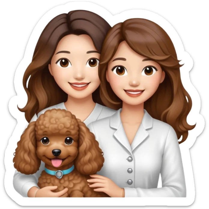 a asian lady with long balayage hair with highlights, long lashes, wearing white outfit, smiling happily, and holding a brown poodle sticker