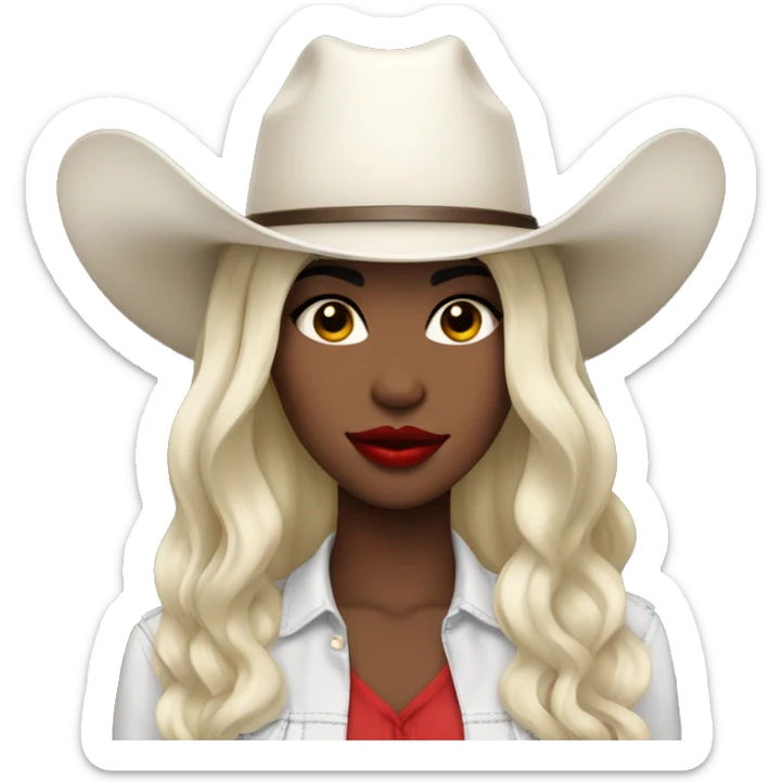 Women with big red lips, hazel eyes, white skin, black straight hair, cowboy hat  sticker