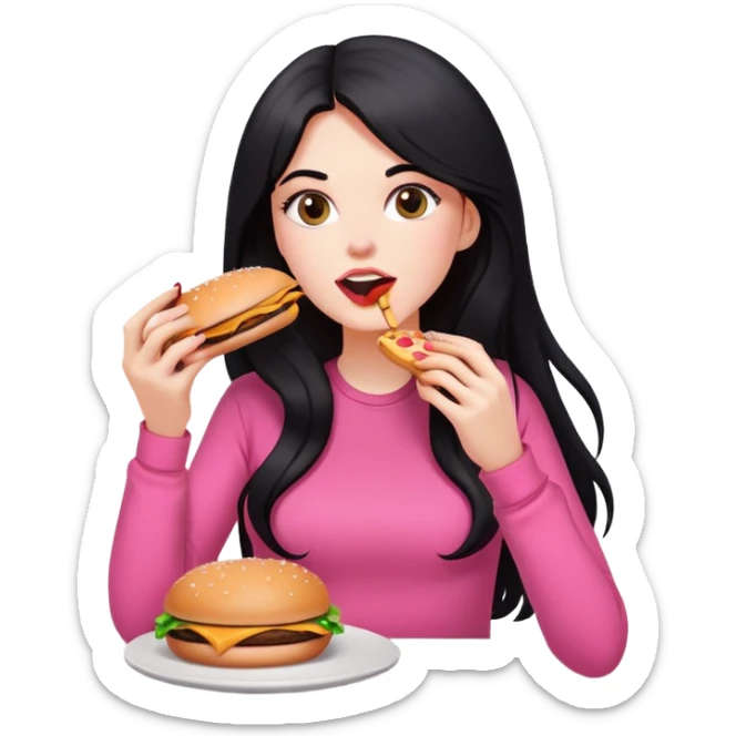 White girl in pink clothes and long black hair eating burger and pizza sticker