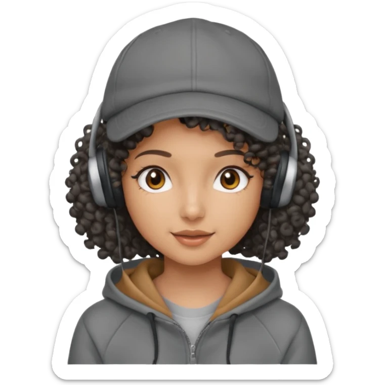 curly haired with headphones in and hoddie girls with cap sticker