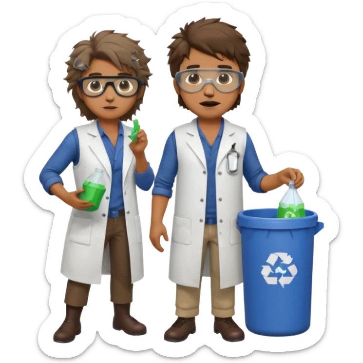 an woman otter disguised as a man picking up trash bins, next to a mad scientist sticker