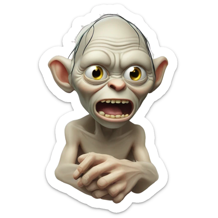expresion de Gollum del señor de los anillos en la cual tiene un anillo con la expresion precioso sticker