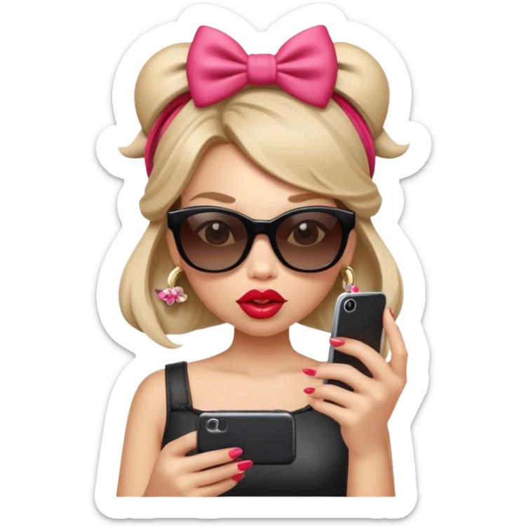 Girl with huge lips, sunglasses, bow on her hair, holding a phone with attitude sticker