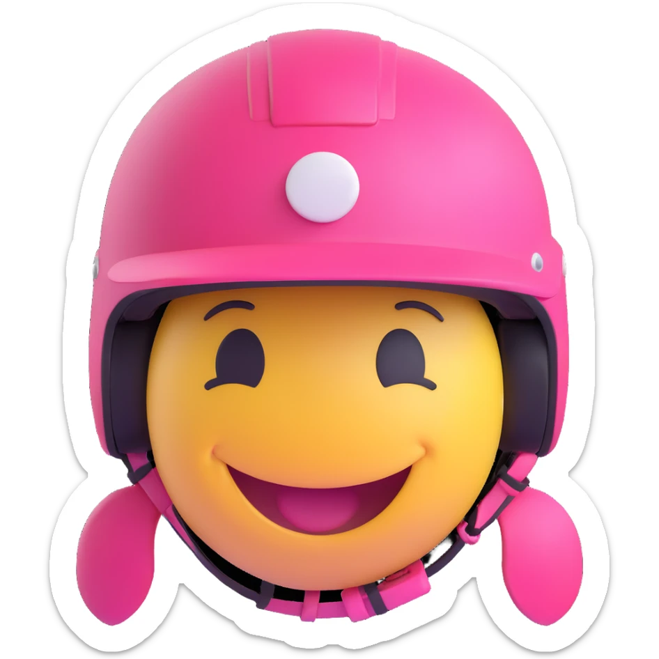 3D smiley emoji, round shape, female motorcyclist: pink helmet, ponytail, smiling face sticker