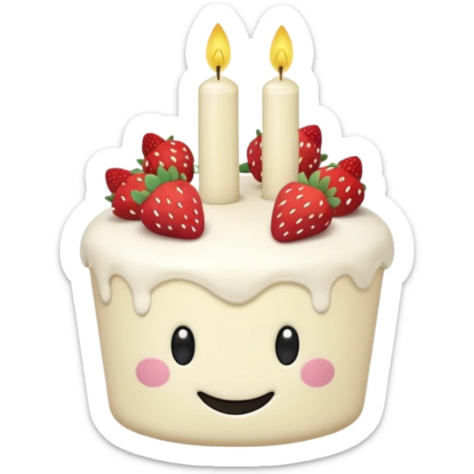 Jellycat vanilla cake with white frostting and strawberries on top with one candle with smiley face and legs sticker