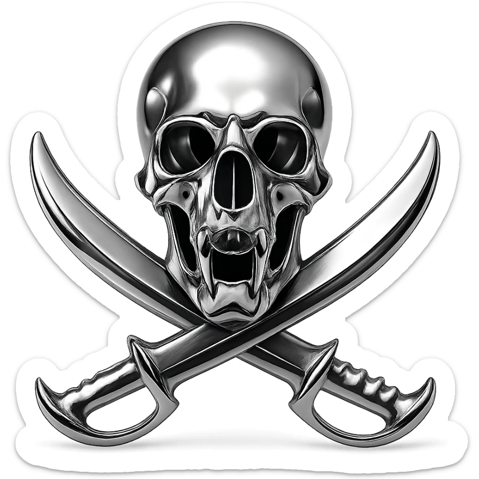 Update the flag so the emblem is a close match to the provided skull and crossed bones: a realistic animal skull with open mouth and two curved bones crossing behind it, rendered in chrome. Keep the chrome ship details and close-up view. sticker