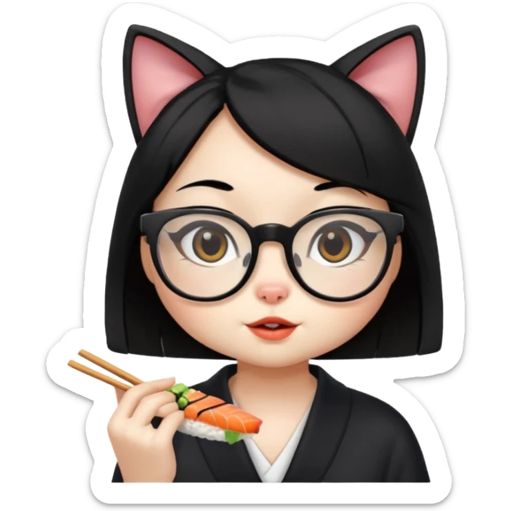 cute girl cat with straight hair and really big square glasses with super thin frames eating sushi sticker