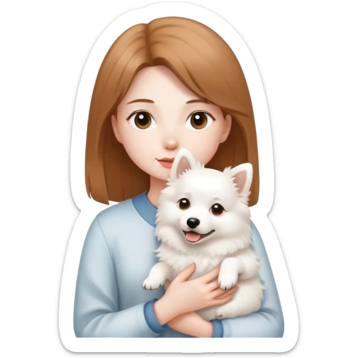 light brown hair girl with pale skin holding a white Japanese spitz dog sticker