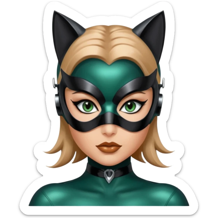 Futuristic Catwoman big blue green eyes with shiny patent leather mask, long false eyashes, most incredible highly detailed Futuristic seductive overall appearance  sticker
