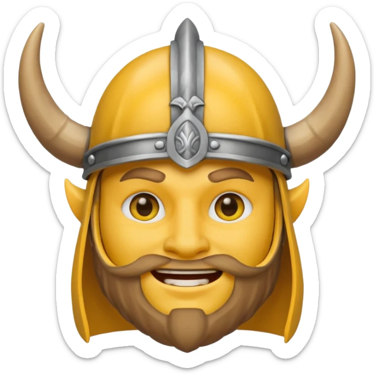 Viking emoji in Messenger style, yellow face, simple eyes, smiling, horned helmet sticker