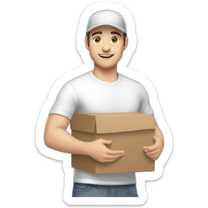 Pale skinned fit Man with dark brown hair in a white cap, gray jeans and gray polo T-shirt keeping a pasted box into his hands sticker