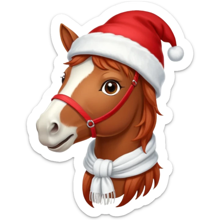 a fairy-tale funny winter horse in a red hat with a white scarf sticker