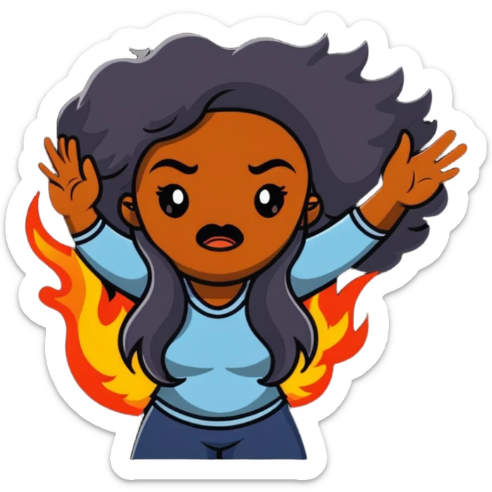 African American woman with long hair, frustrated expression, hair on fire sticker
