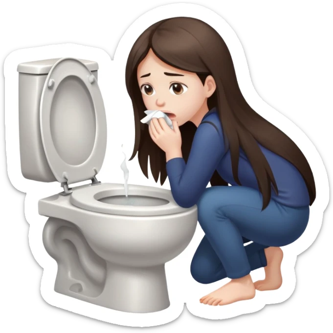 girl with long dark brown hair and pale skin vomits into a toilet sticker