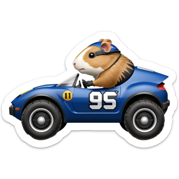 Side view of Midnight blue Local Motors Rally Fighter off road race car driven by a Guinea pig  sticker