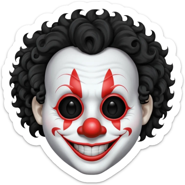generate white clown mask emoji with a big curly black hair 

wide black coloured smile, no red nose but instead long and pointy white nose with no nostrils, pitch black eyes with no pupils, no brows sticker
