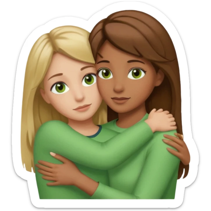 Maman cheveux marrons yeux marrons et fille cheveux blond yeux verts qui se font un câlin  sticker